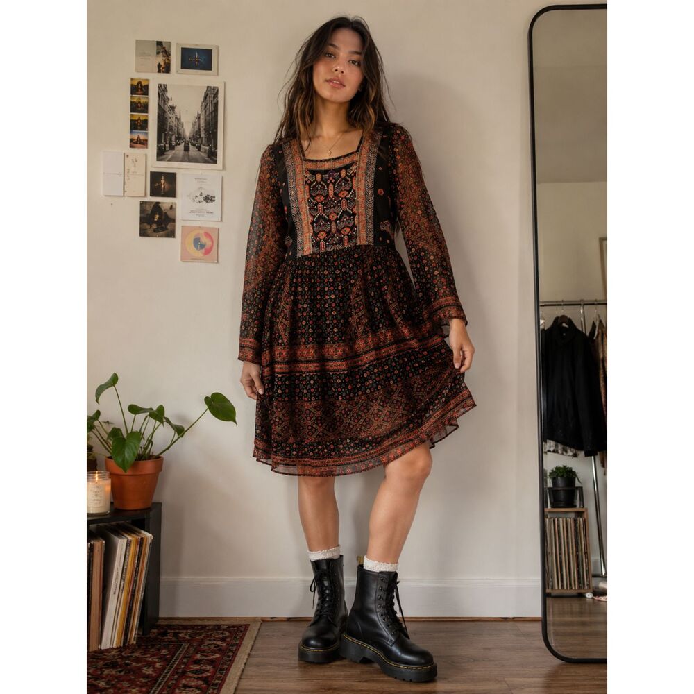 Anthropologie Akemi + Kim Brown Tribal Pattern Midi Dress   Women's Size XS